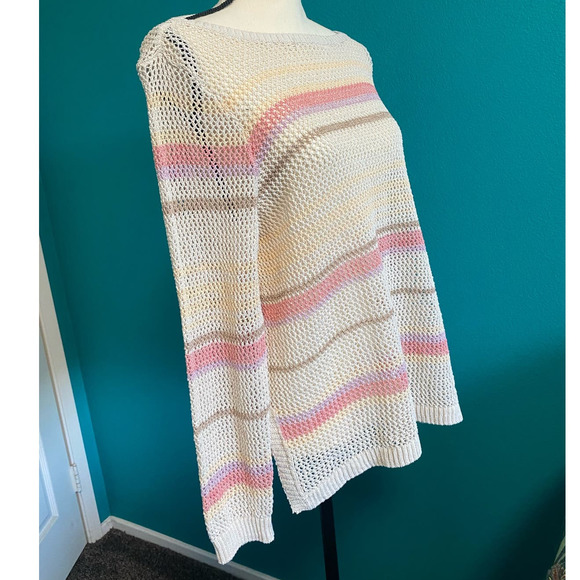 Chico’s Women's Cream Stripe Open Knit Long Sleeve Sweater - Picture 7 of 9